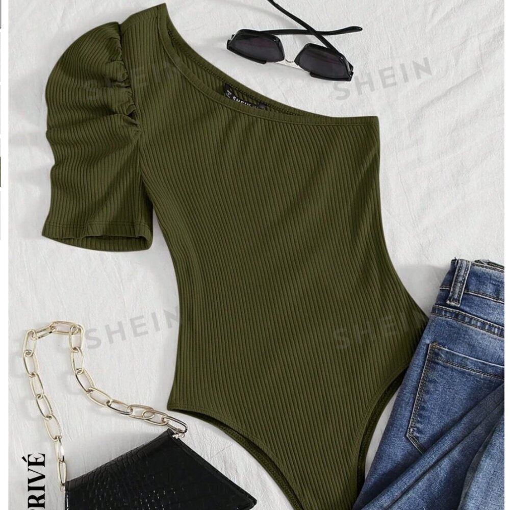 SHEIN‎ Privé One Shoulder Puff Sleeve Ribbed Knit Bodysuit Sz L